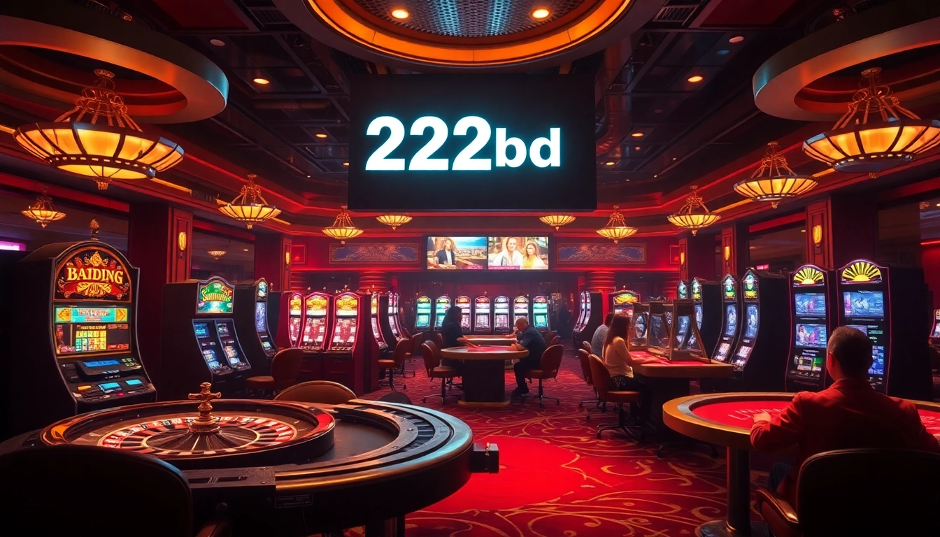 A lively casino scene featuring roulette wheels and poker tables, showcasing the keyword 222bd prominently.