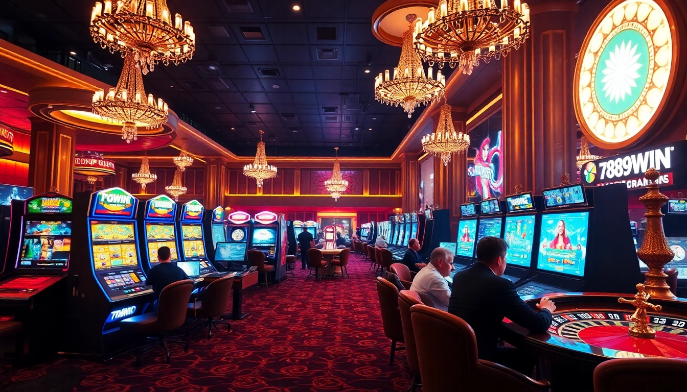 Experience thrilling action at 789wins1.net with vibrant slot machines and poker tables, illuminating the online gambling scene.
