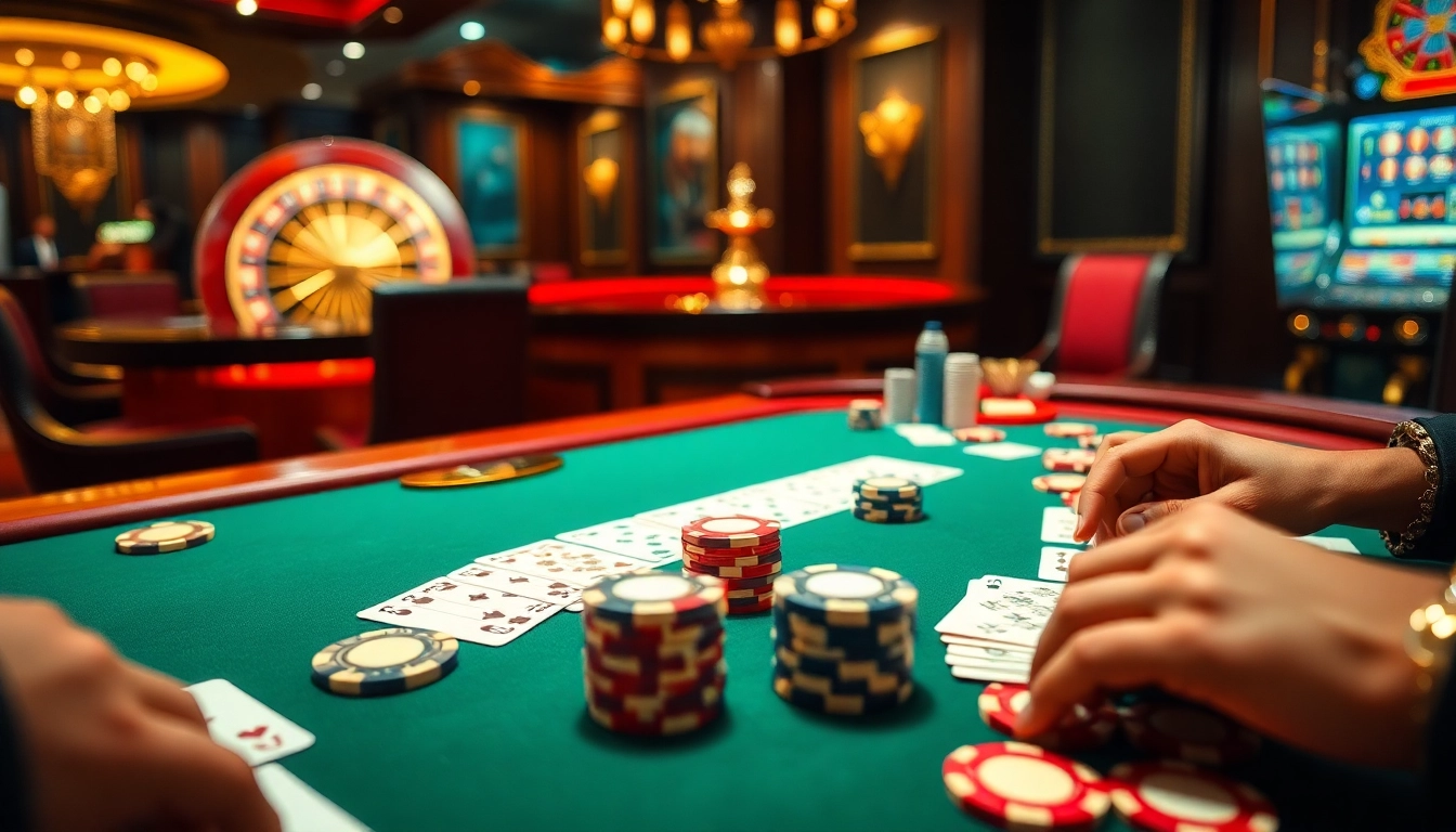 Experience the thrill of winning at https://fly88-vi.com/ with a luxurious casino scene featuring engaged players, poker chips, and a roulette wheel.