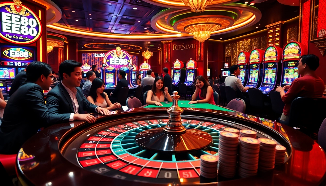 Experience an exciting game at EE88 casino, showcasing dynamic players at roulette and slot machines.