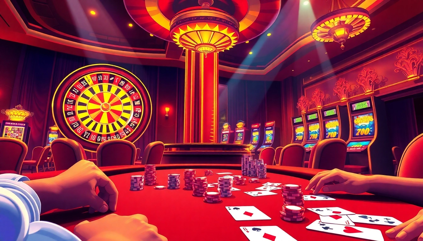 Experience thrilling poker gameplay in a luxurious casino with soibet branding, featuring vibrant poker chips and cards.
