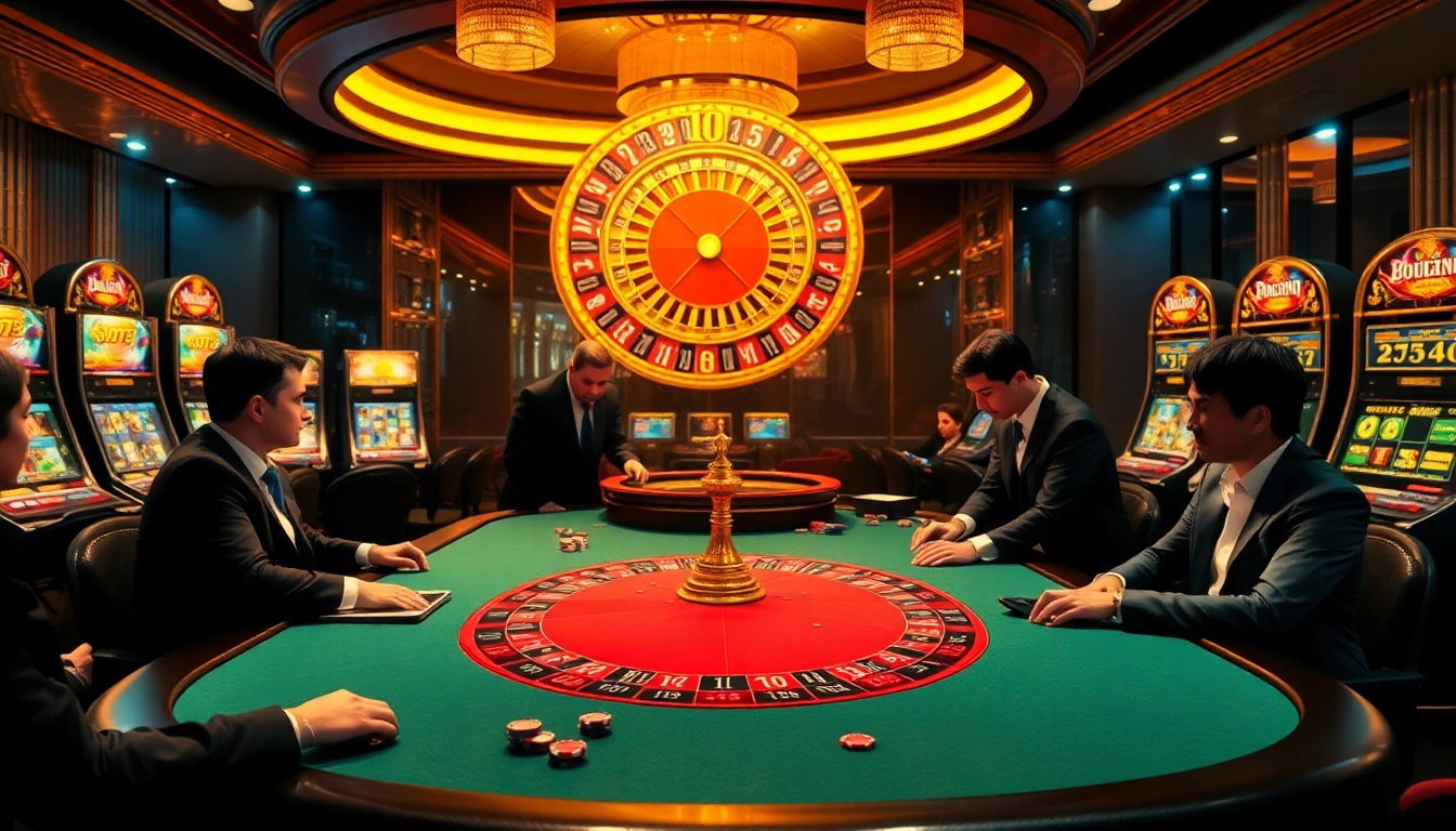 Players at a lively casino poker table enjoying high-stakes action on https://rr88co.net/ with vibrant slot machines and roulette.