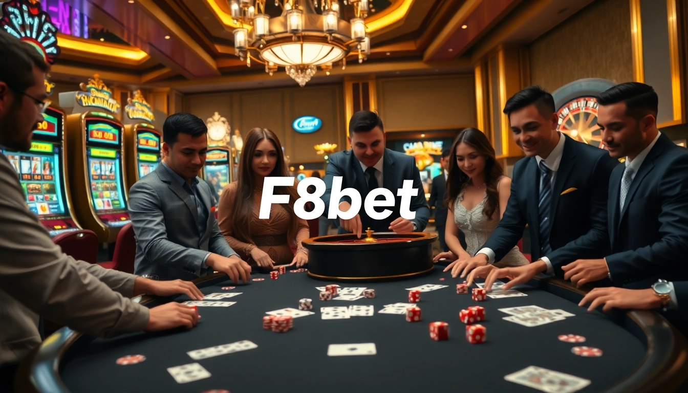 F8bet players enjoying a luxurious casino game scene with chips, cards, and roulette.