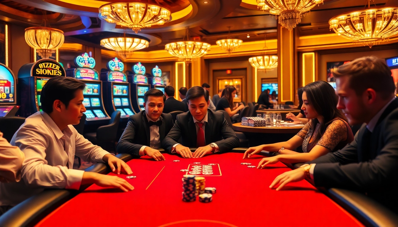 Players strategizing at a high-stakes poker table at 88i, surrounded by vibrant casino elements.