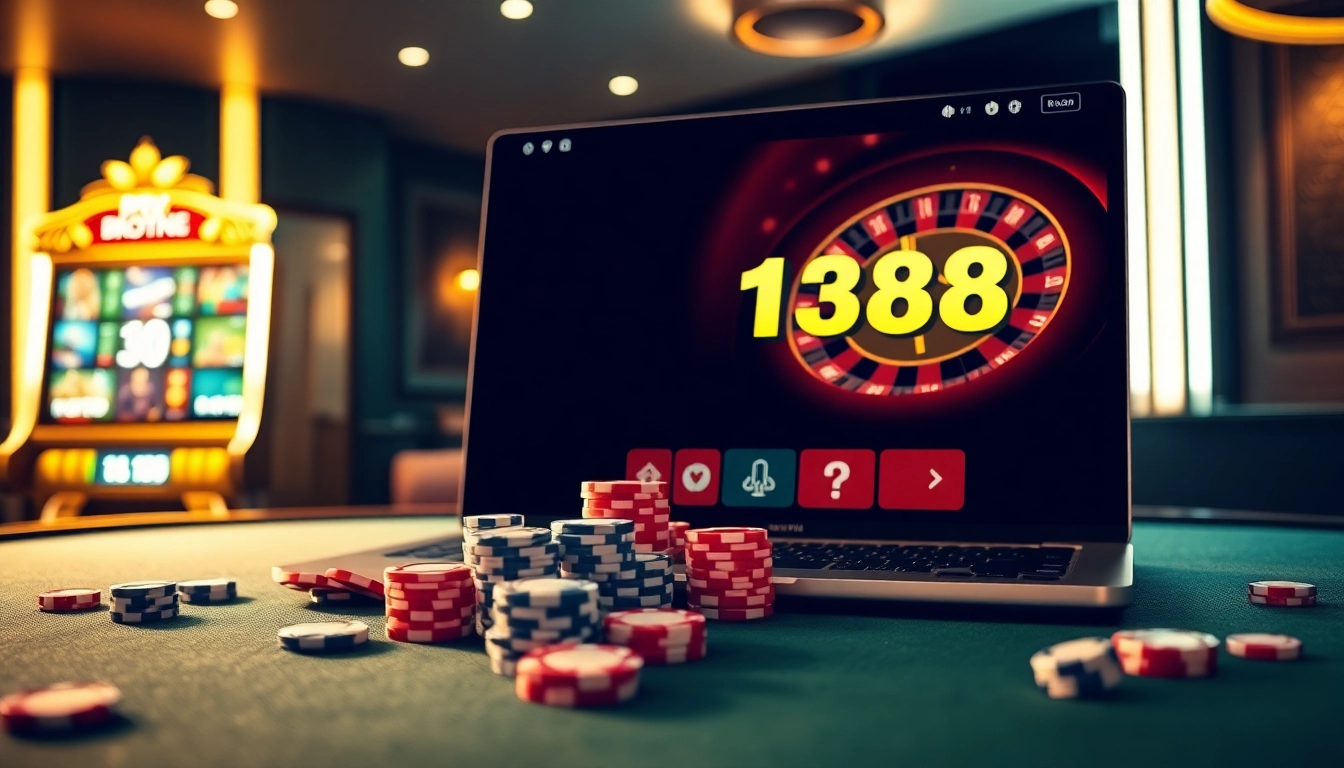 Playing slot games on bro138 with poker chips and a roulette wheel in a luxurious online casino setting.