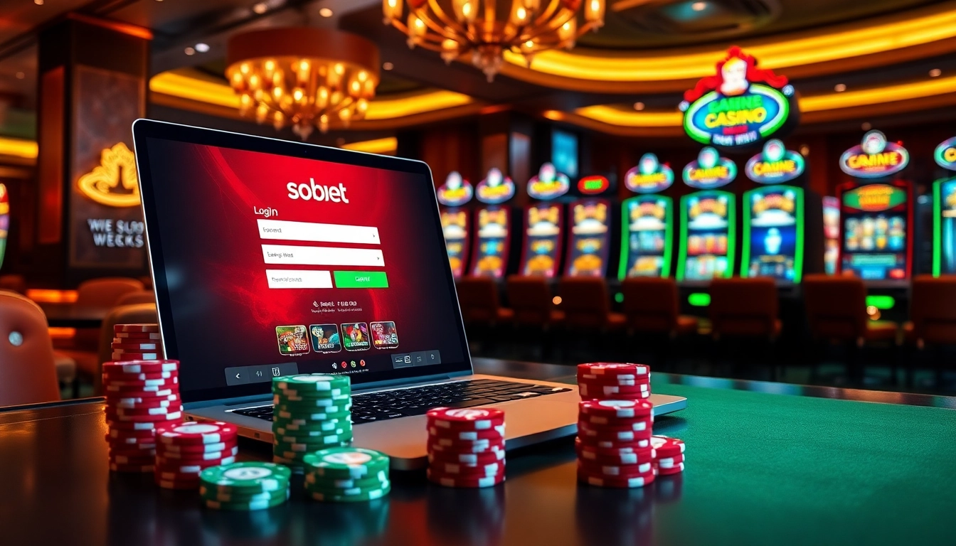 Sbobet login on a modern laptop amidst vibrant casino elements like poker chips and slot machines.