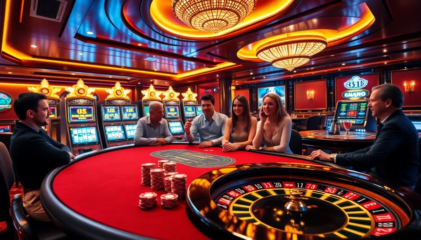 SX88-themed casino scene with vibrant poker, thrilling players, and luxurious slot machines.