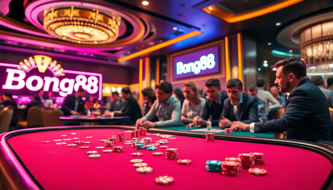 Players enjoying thrilling games at Bong88 casino, showcasing poker and roulette excitement.