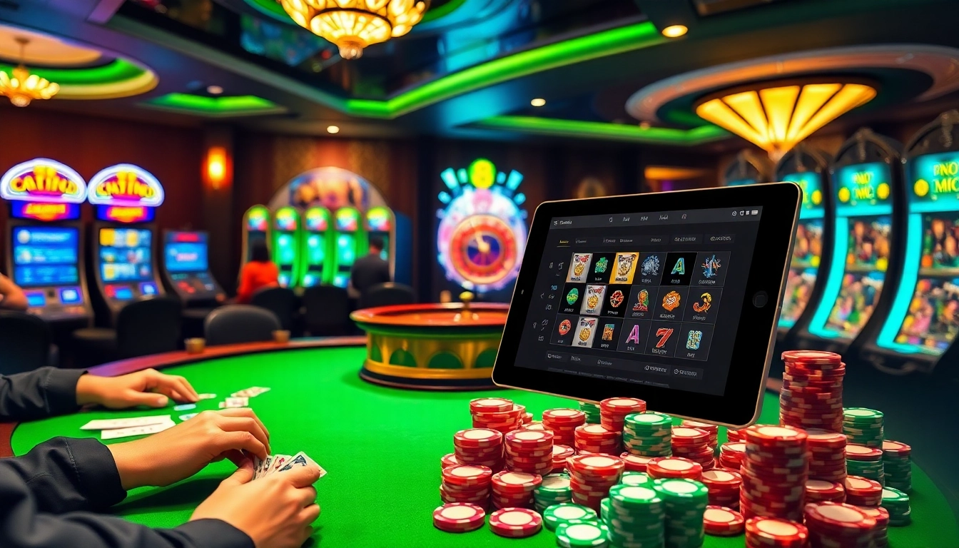 Engaging J8 players with thrilling casino action surrounded by cards, chips, and roulette excitement.