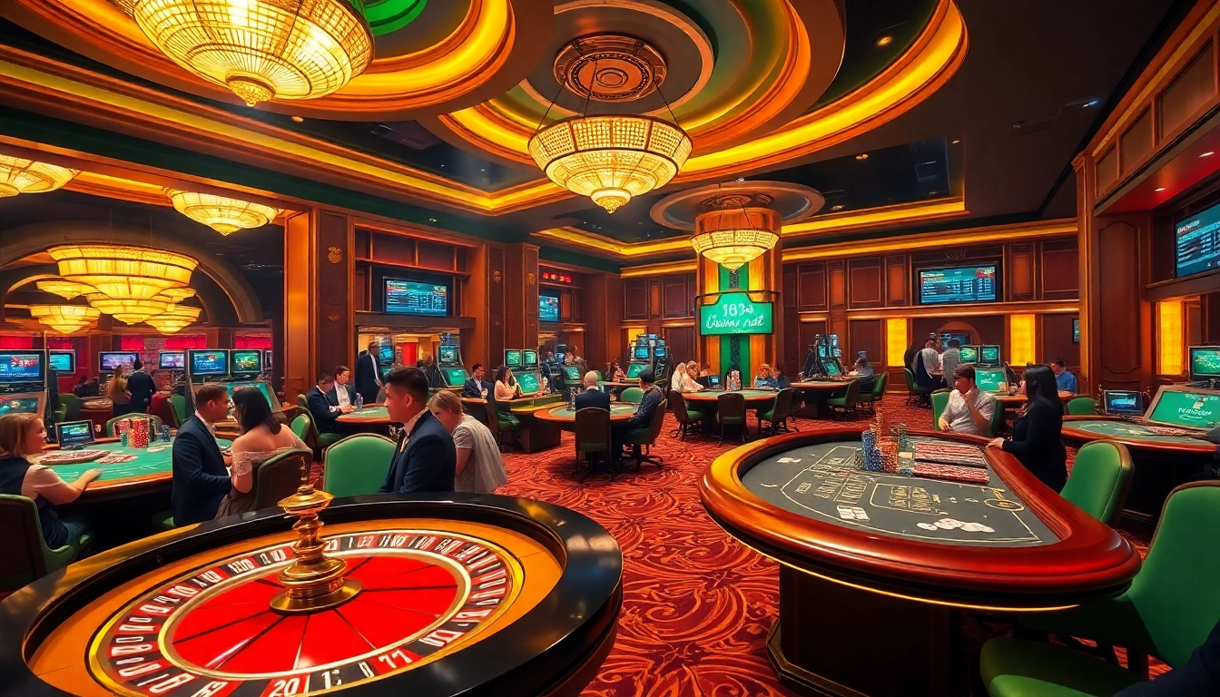 Experience the excitement of winning at 18win net with a vibrant casino atmosphere showcasing players at roulette and poker tables.