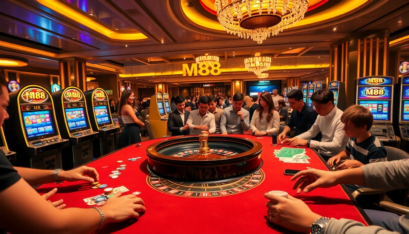 Experience high-stakes excitement at m88's luxurious casino with vibrant slots and eager gamblers.