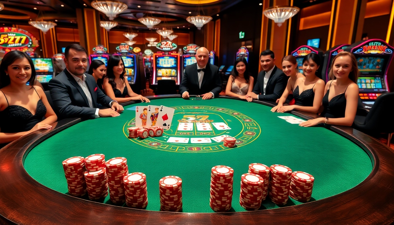 A thrilling blackjack game showcasing 5z777, with elegant players and vibrant casino ambiance.