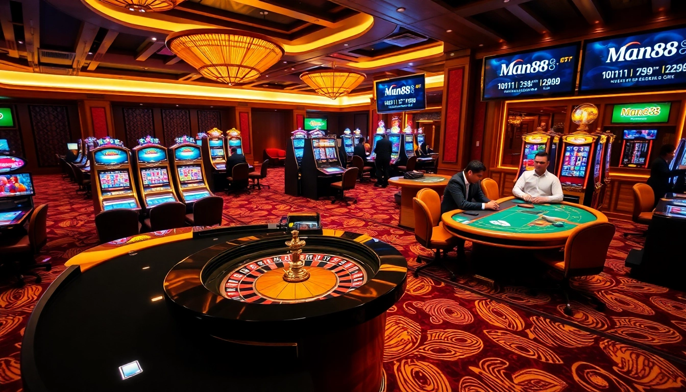 Players engaging in high-stakes poker at Man88 casino, featuring a vibrant and luxurious atmosphere.