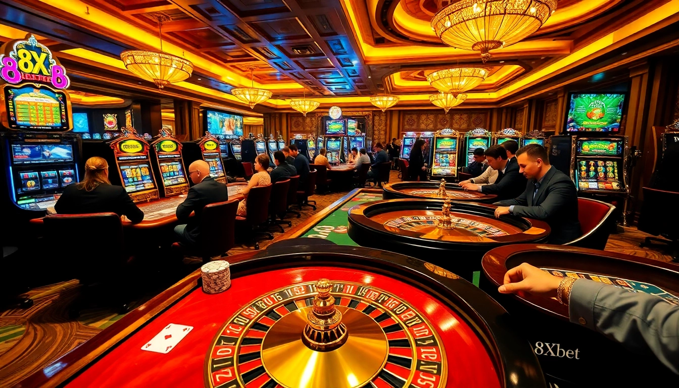 Experience the luxury of 8Xbet with professional gaming tables and vibrant slot machines.