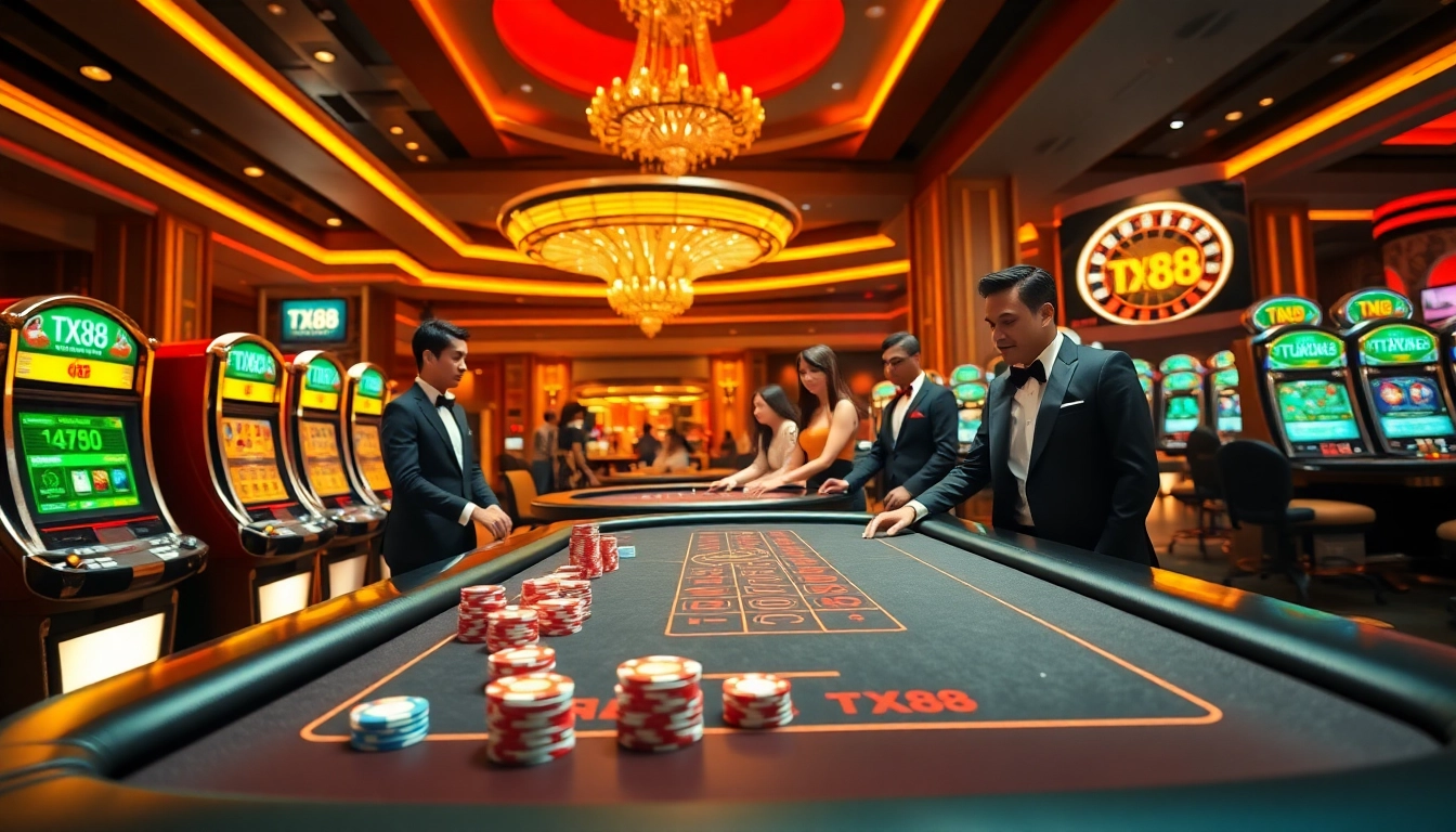 Engaged players experiencing the thrill of TX88 casino gaming with vibrant tables and flashing slot machines.