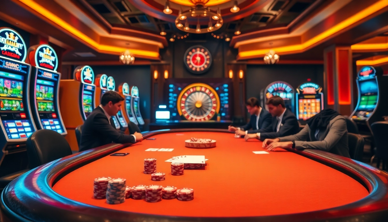 Engaged players showcasing a thrilling poker game at 88i casino with vibrant slot machines.