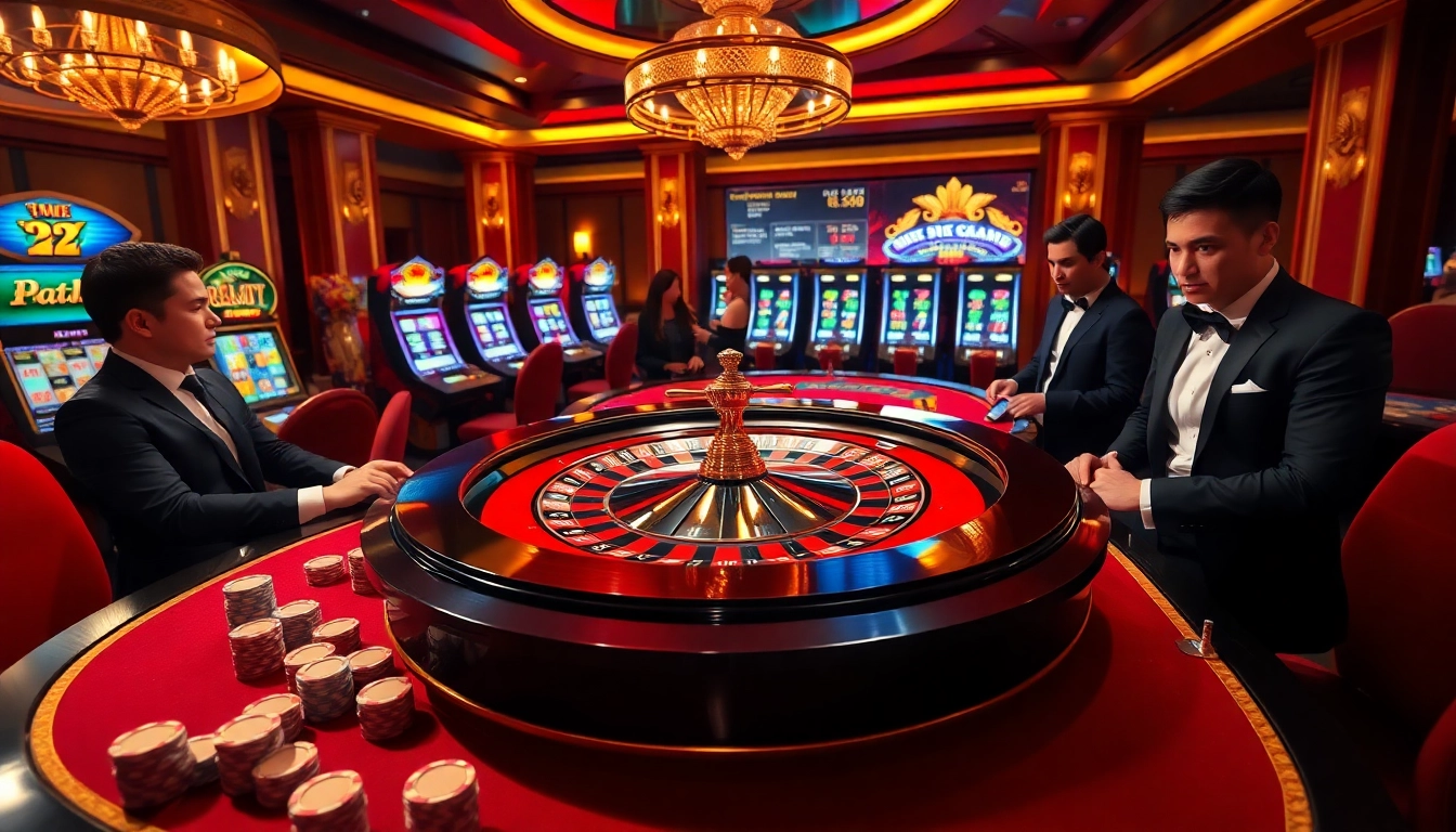 Players enjoy thrilling roulette action at Helloo88 casino, surrounded by vibrant slot machines and poker chips.