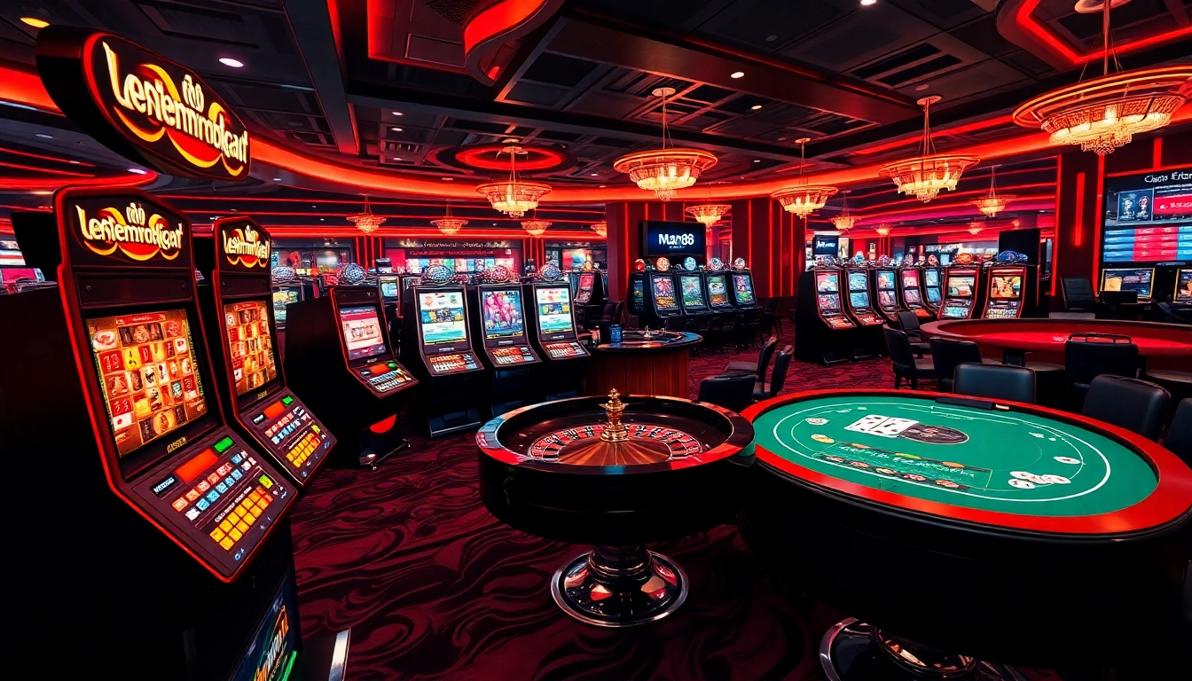 Man88 online casino interface showcasing slot machines and poker tables in a luxurious environment.