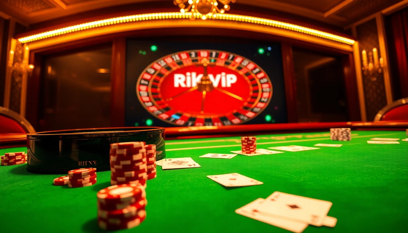 Experience thrilling gameplay at Rikvip with casino tables and vibrant poker chips.