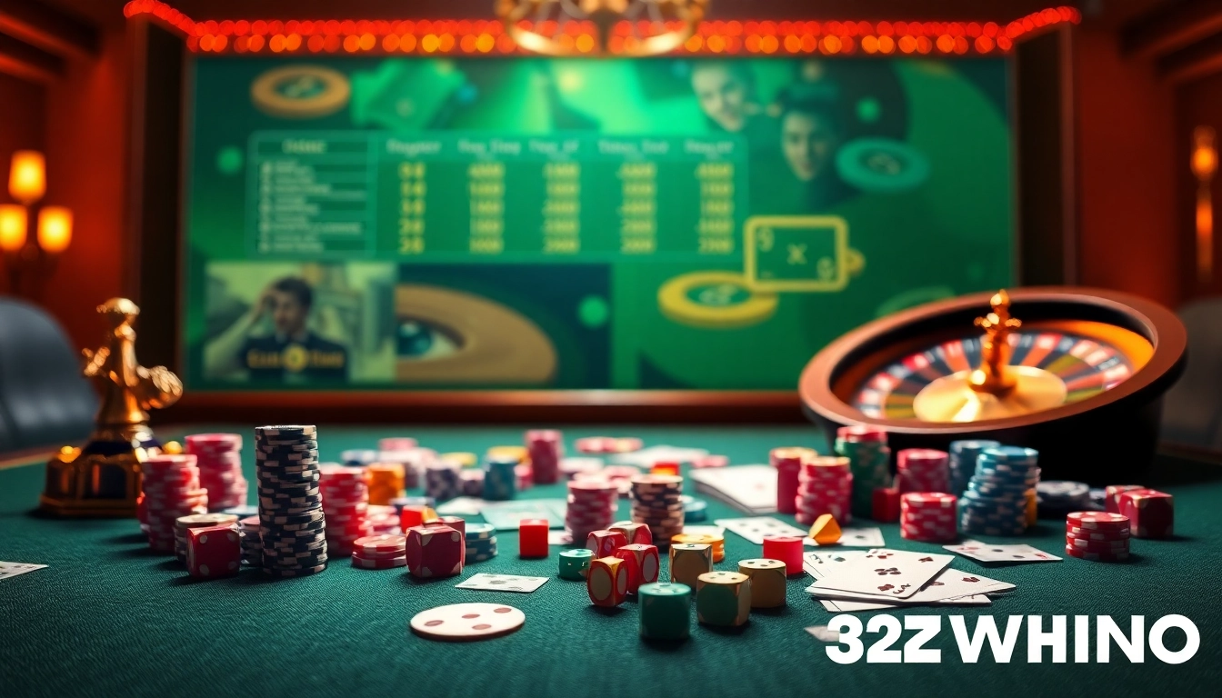 A thrilling interactive scene of the 32WIN Game showcasing poker chips and cards in a luxury casino setting.