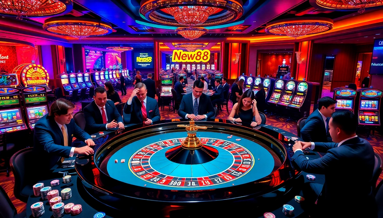 New88 players engaging at a roulette table in a vibrant casino atmosphere.