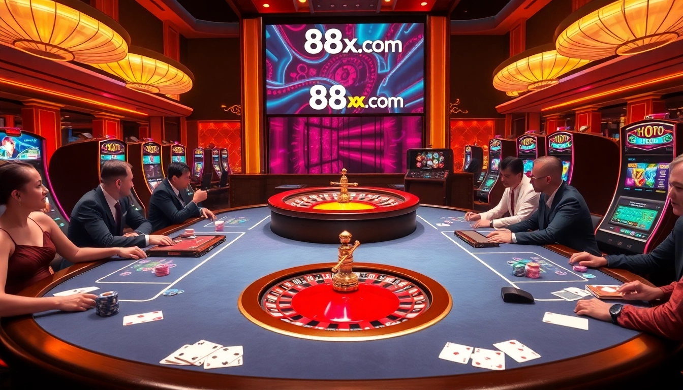 Players engaging at vibrant casino tables, highlighting the thrill of 88xx.com gambling.