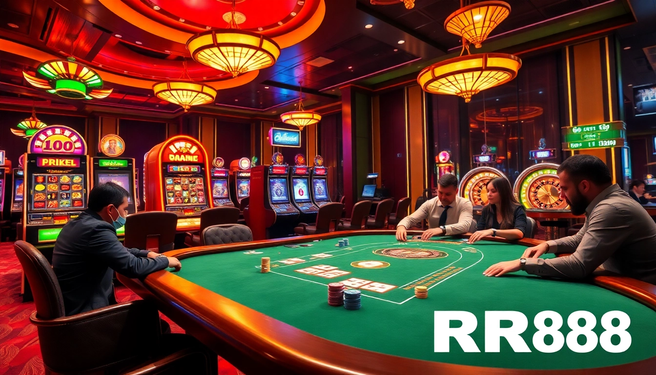 Experience the thrill of RR88 casino gaming at an elegant poker table with vibrant chips.