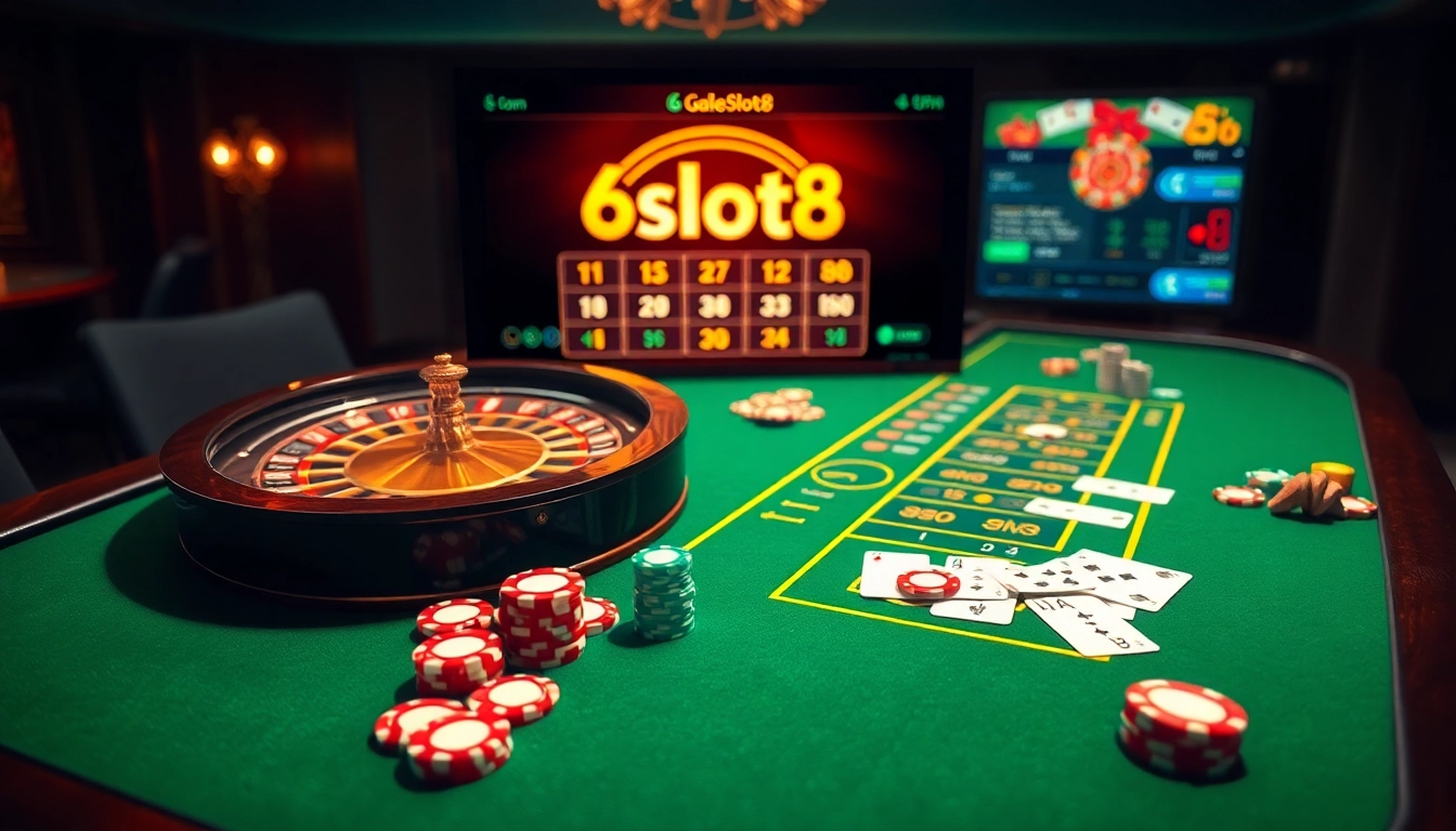 Experience the thrill of betting at 6slots8 com with vibrant casino tables, colorful chips, and a roulette wheel.