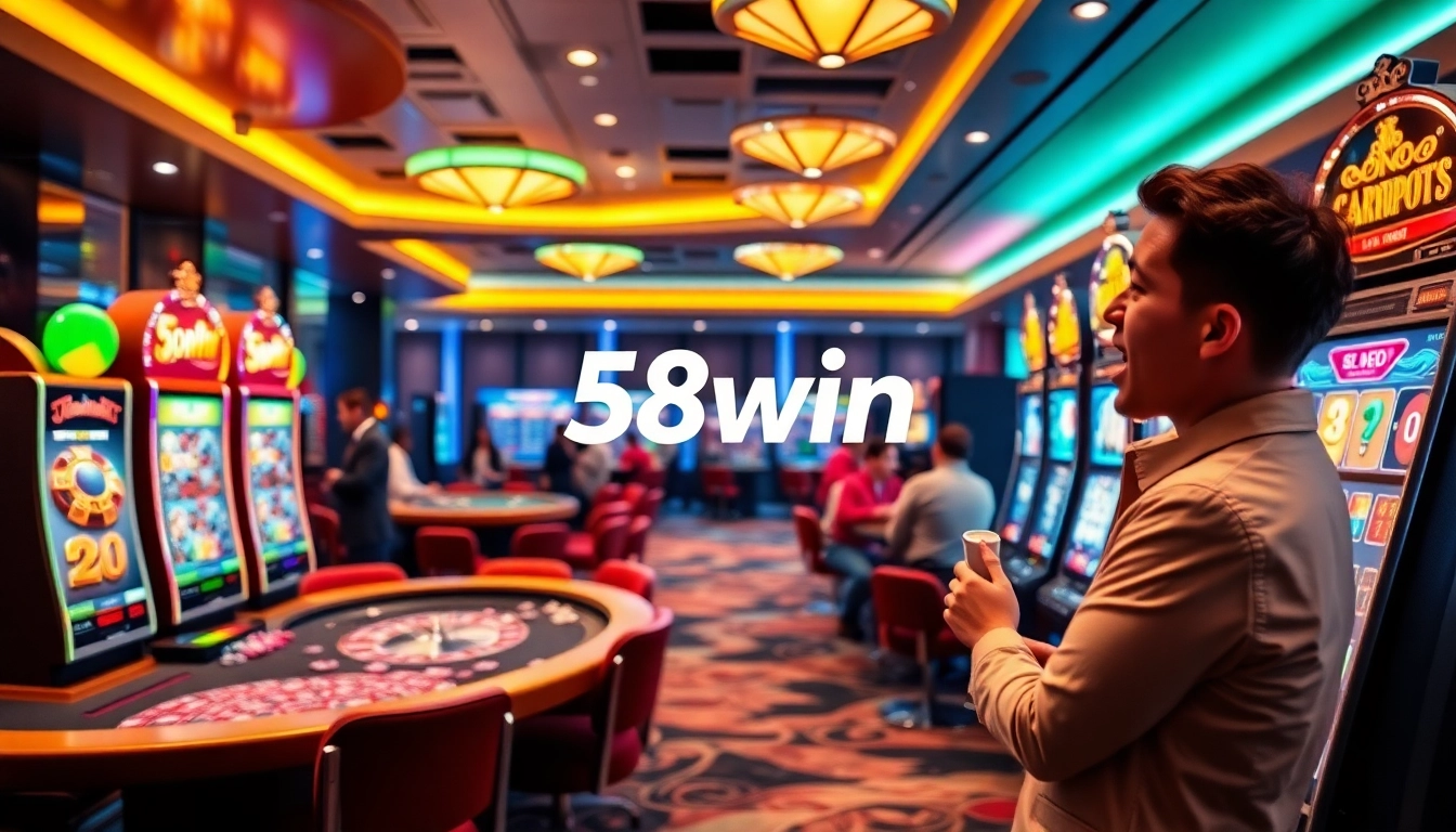 Excited player winning at a slot machine, showcasing 58win's vibrant casino atmosphere.