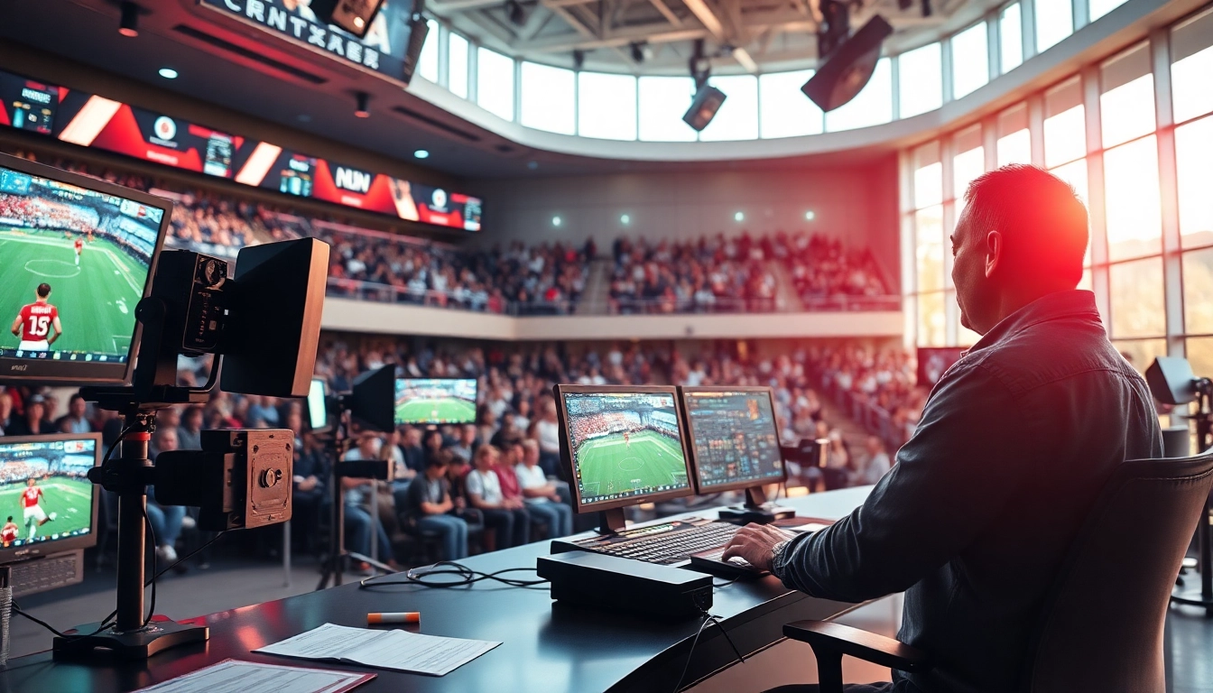 Engaging sports broadcasting scene showcasing dynamic interaction in a state-of-the-art studio.