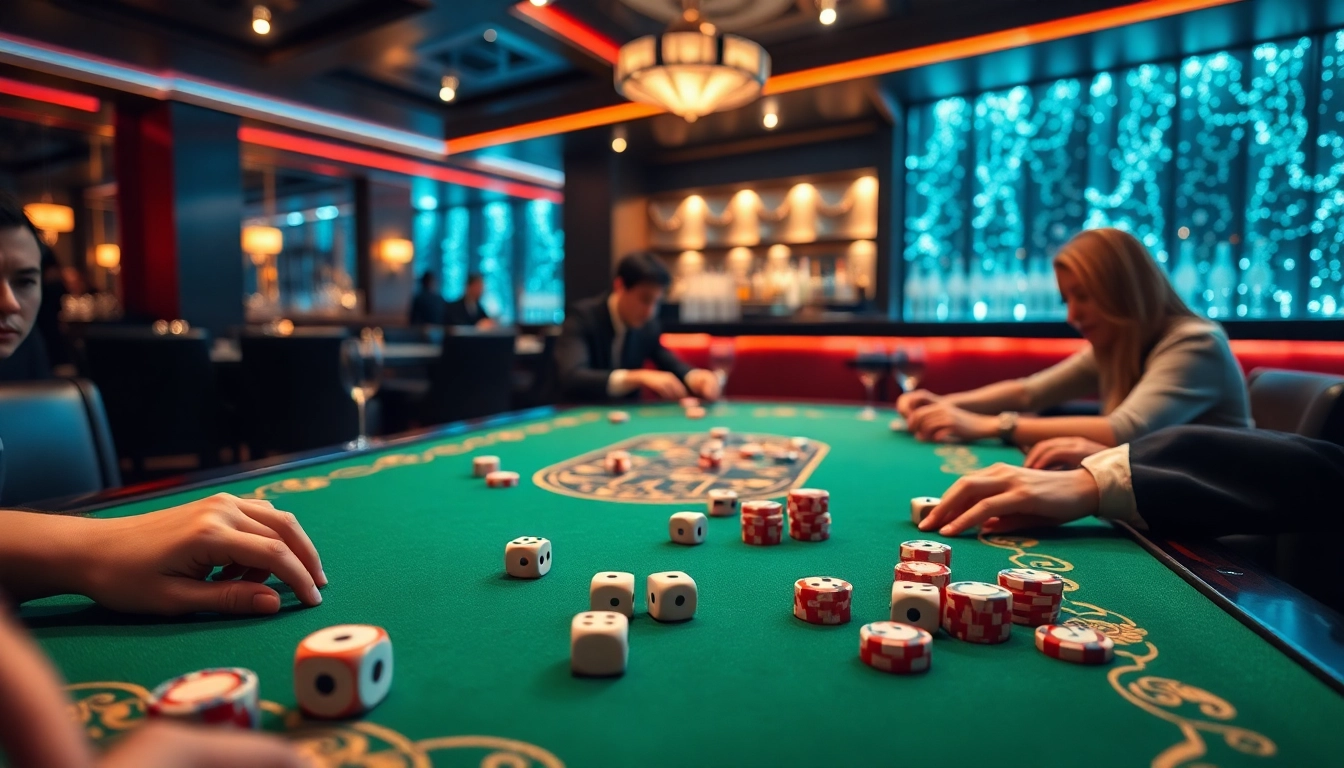 Engaged players enjoy Tai Xiu B52 at a luxurious casino table with vibrant lighting.