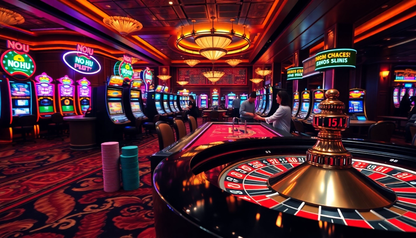 Engaging gamblers at no hu casino table with vibrant chips and a dynamic roulette wheel.