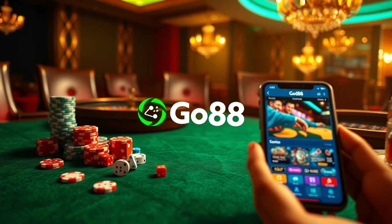 Experience the thrill of gambling with Link Go88 showcased on a vibrant casino table featuring poker chips and a roulette wheel.