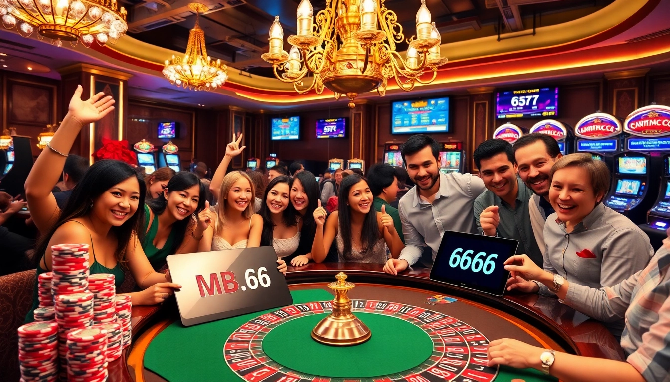 Experience the thrill of gambling at MB 66 with diverse players enjoying a luxurious casino atmosphere.