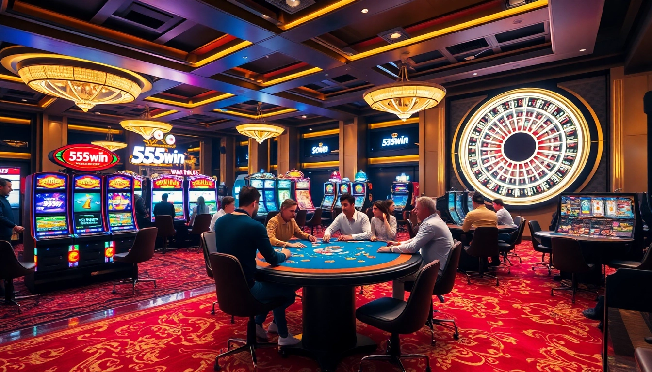 Players enjoying a lively game at a luxurious casino featuring 555win branding elements.