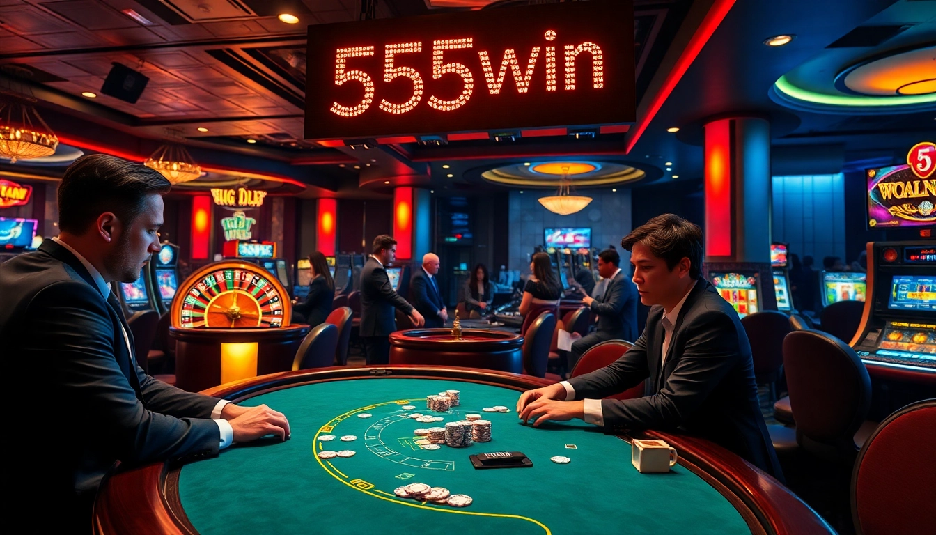 Gamblers enjoying their time at 555win casino tables amidst a lively atmosphere.