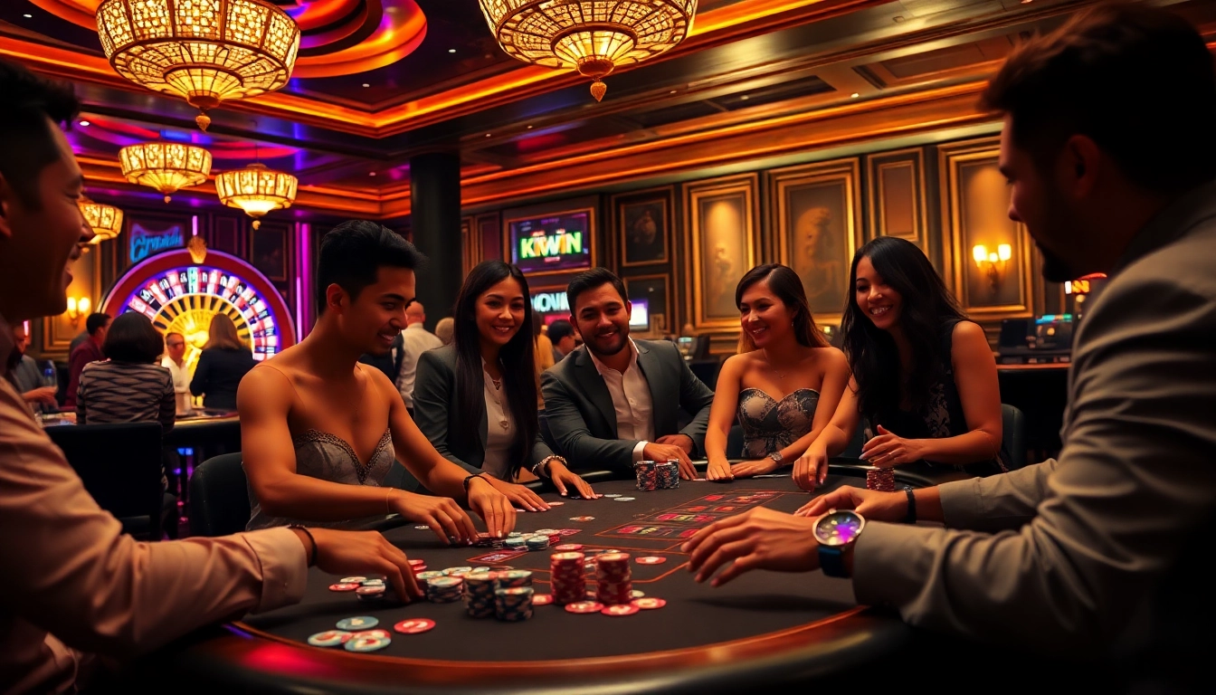Kkwin players enjoying a thrilling game at a high-stakes poker table in a luxurious casino.