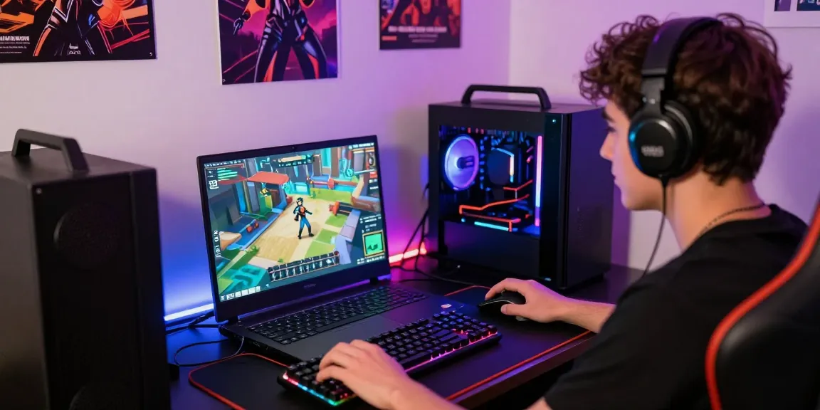 Engaging gamer using Raja Game login on a laptop, colorful setup highlighting exhilarating online gaming experience.